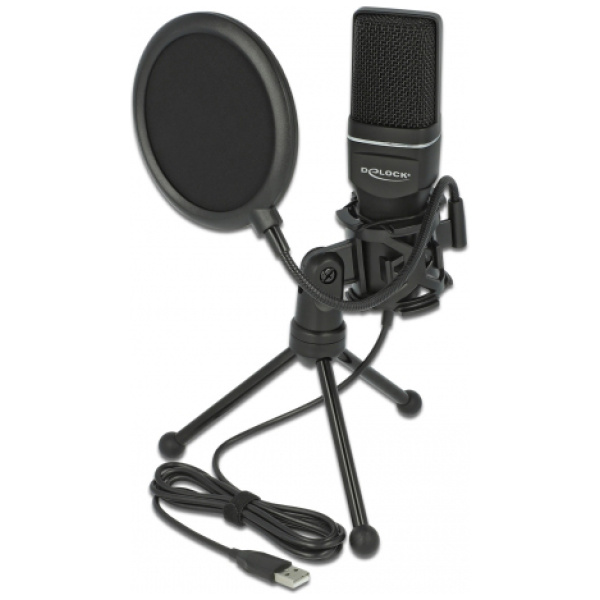 DELOCK Mικρόφωνο studio με pop φίλτρο & αντιανέμιο 66331, πυκνωτικό, USB