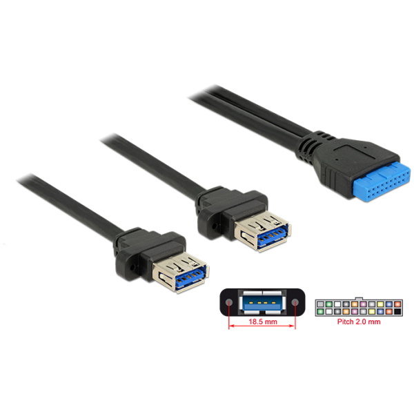 DELOCK καλώδιο USB 3.0 19 pin header (F) σε 2x USB 3.0 (F) 85244, 80cm