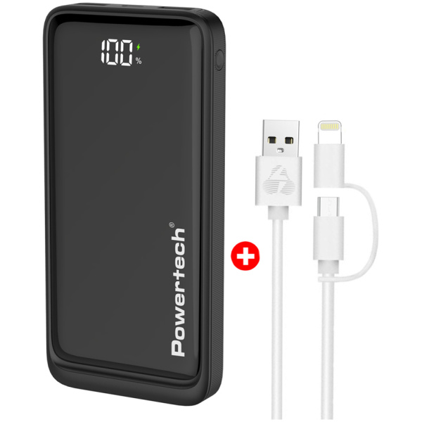 POWERTECH power bank PT-1326 με οθόνη & MFi καλώδιο USB σε Micro/Lightning, 10000mAh