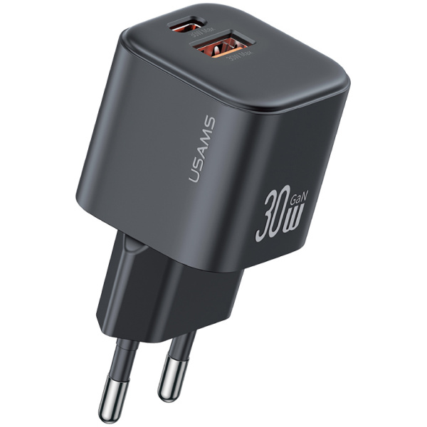 USAMS φορτιστής τοίχου CC263, USB & USB-C, 30W, GaN, μαύρος