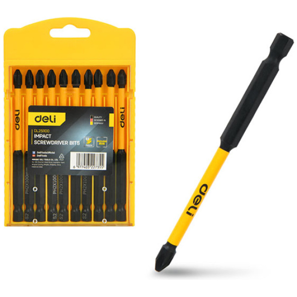 DELI σετ μύτες κατσαβιδιού DL251100 για δραπανοκατσάβιδο, σταυρωτές, PH2x100mm, 10τμχ