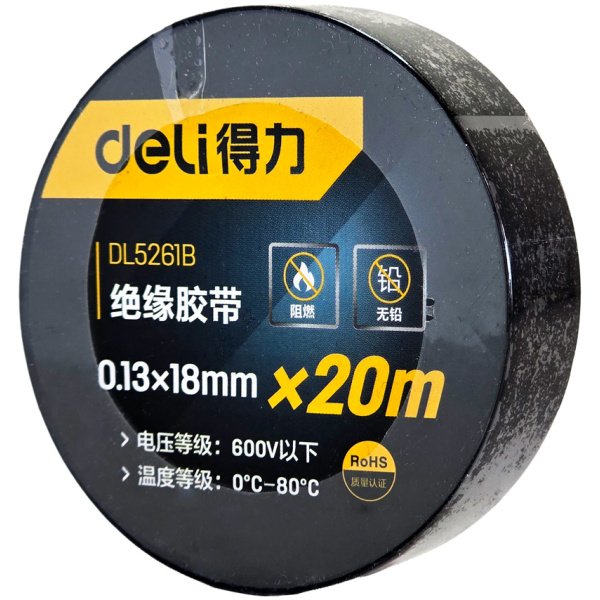 DELI μονωτική ταινία υψηλής αντοχής DL5261B, 18mm x 20m, μαύρη