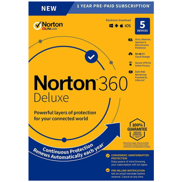 NORTON Antivirus 360 Deluxe ESD, 5 συσκευές, 50GB cloud, 1 έτος