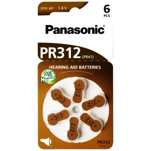 PANASONIC μπαταρίες ακουστικών βαρηκοΐας PR312, mercury free, 1.4V, 6τμχ