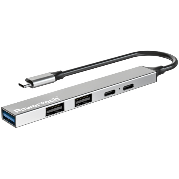 POWERTECH USB hub PT-1414, 5x θυρών, USB 3.2, 5Gbps, 100W, USB-C σύνδεση, γκρι