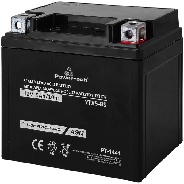 POWERTECH μπαταρία μολύβδου μοτοσυκλέτας PT-1441, 12V 5Ah, AGM, YTX5-BS