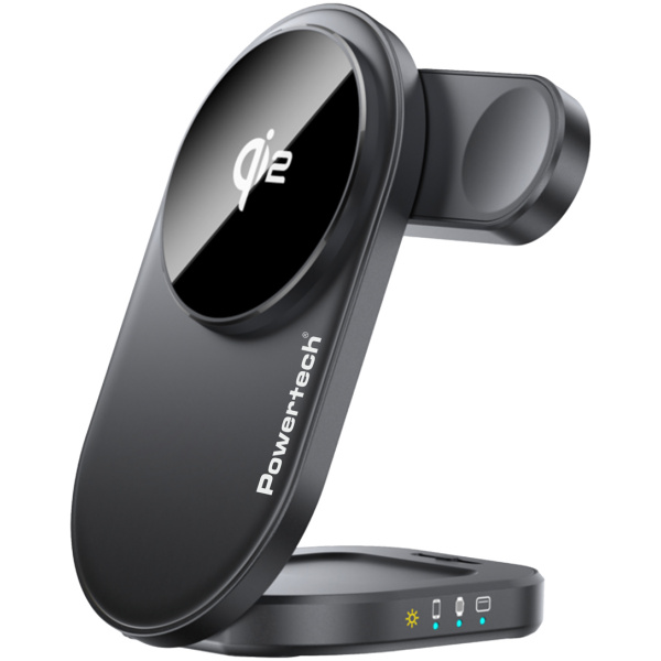 POWERTECH ασύρματος φορτιστής PT-1491, 3 σε 1, Qi2, 15W, μαύρος
