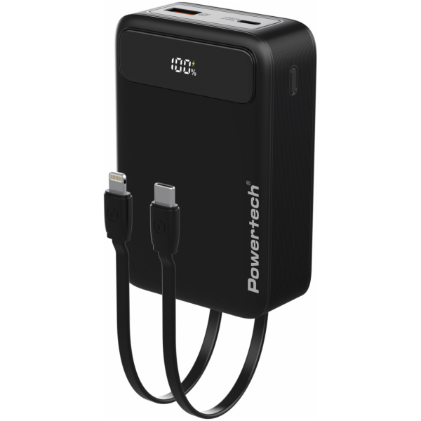 POWERTECH power bank PT-1504 με καλώδια & οθόνη, 20000mah, 22.5W, μαύρο