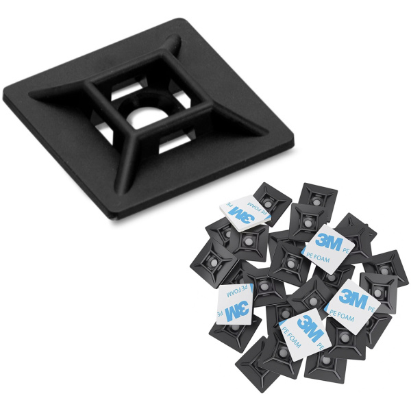 POWERTECH βάσεις δεματικών καλωδίων TIES-081, 3M αυτοκόλλητο, 2.82x2.82cm, μαύρο, 50τμχ