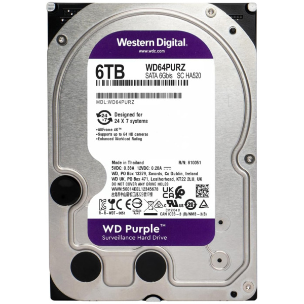 WD σκληρός δίσκος 3.5" Purple Surveillance 6TB, 256MB, 5400RPM, SATA III