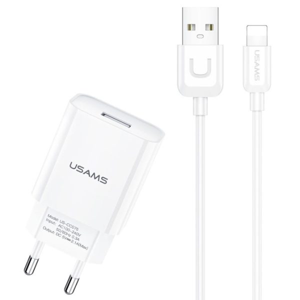 USAMS φορτιστής τοίχου T21OCLN01 με καλώδιο Lightning, USB 2.1A, λευκός
