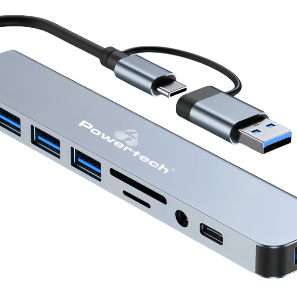 POWERTECH USB hub PTR-0151 με card reader, 8 θυρών, USB & USB-C, γκρι