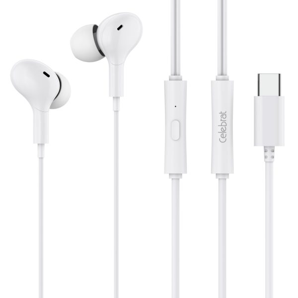 CELEBRAT earphones με μικρόφωνο D13, USB-C σύνδεση, Φ10mm, 1.2m, λευκά