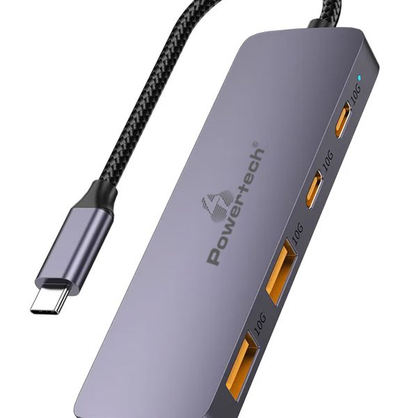 POWERTECH USB hub CAB-UC082, 4x θυρών, 10Gbps, USB-C σύνδεση, γκρι