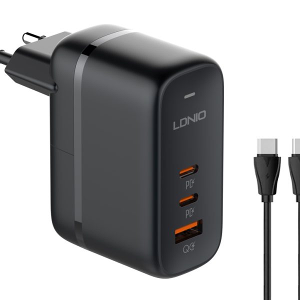 LDNIO φορτιστής τοίχου Q366 με καλώδιο, USB/2x USB-C, 65W, GaN, μαύρος
