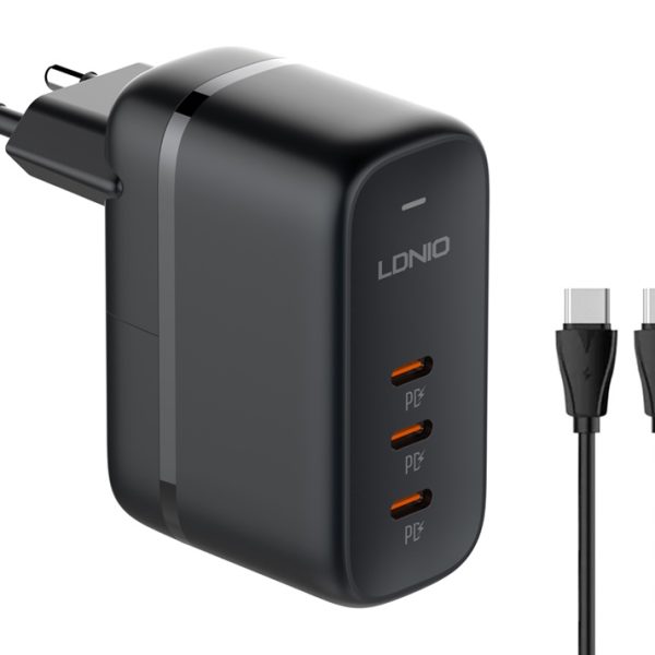 LDNIO φορτιστής τοίχου Q367 με καλώδιο USB-C, 3x USB-C, 65W, GaN, μαύρος