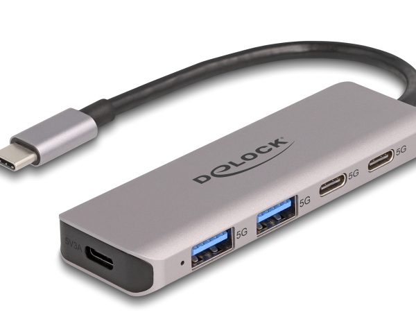 DELOCK USB hub 64239, 4x θυρών, 5Gbps, USB-C σύνδεση, γκρι