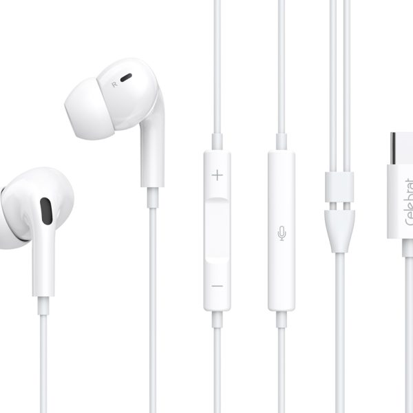 CELEBRAT earphones με μικρόφωνο E300, USB-C σύνδεση, Φ10mm, 1.2m, λευκά