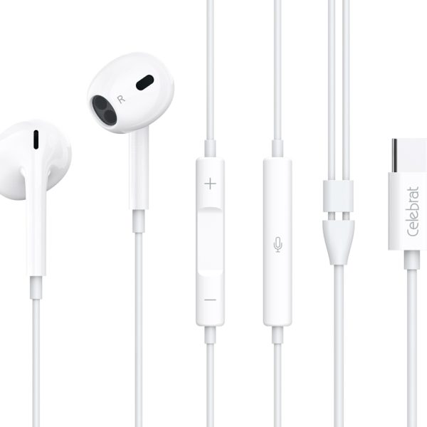 CELEBRAT earphones με μικρόφωνο E400, USB-C σύνδεση, Φ14mm, 1.2m, λευκά