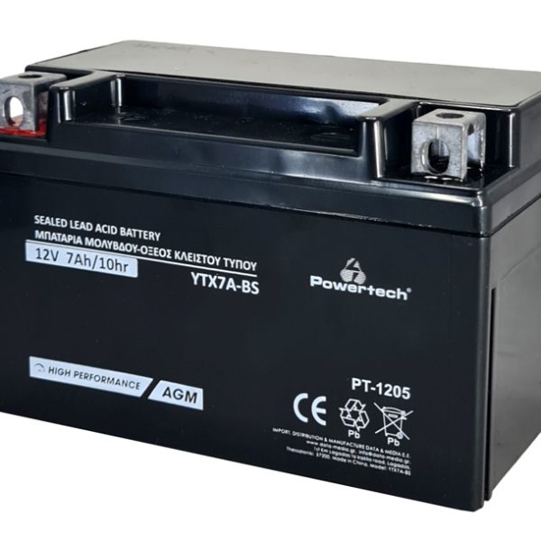 POWERTECH μπαταρία μολύβδου μοτοσυκλέτας PT-1205, 12V 7Ah, AGM, YTX7A-BS