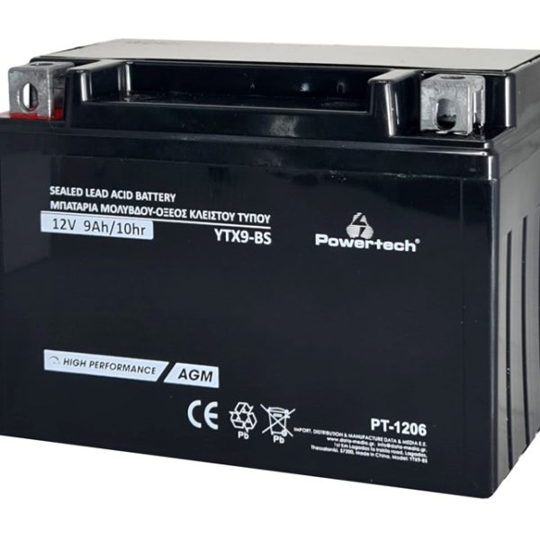 POWERTECH μπαταρία μολύβδου μοτοσυκλέτας PT-1206, 12V 9Ah, AGM, YTX9-BS