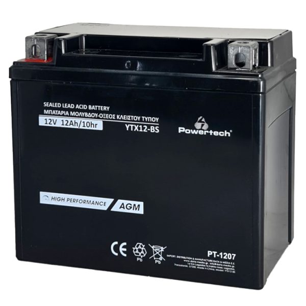 POWERTECH μπαταρία μολύβδου μοτοσυκλέτας PT-1207, 12V 12Ah AGM, YTX12-BS