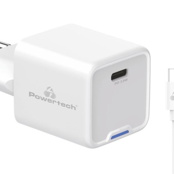 POWERTECH φορτιστής τοίχου PT-1225 με καλώδιο, USB-C, 33W, GaN, λευκός