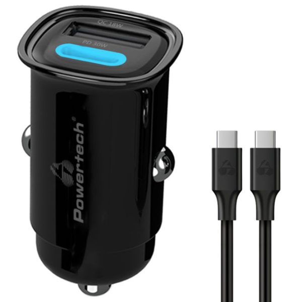 POWERTECH φορτιστής αυτοκινήτου PT-1229, καλώδιο, USB/USB-C, 30W, μαύρος