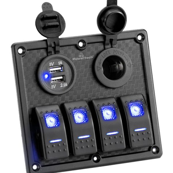POWERTECH πάνελ σκαφών & οχημάτων PTL-017, πρίζα 12V/2x USB/4x διακόπτες