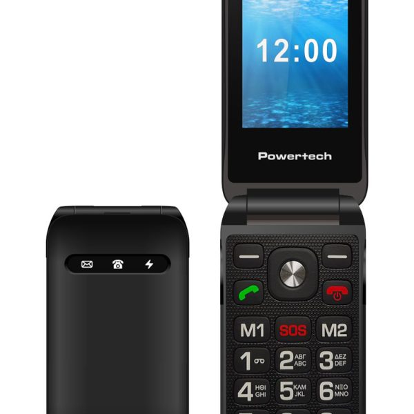 POWERTECH κινητό τηλέφωνο Milly Flip V2, 2.4", dual SIM, πλήκτρο SOS, μαύρο