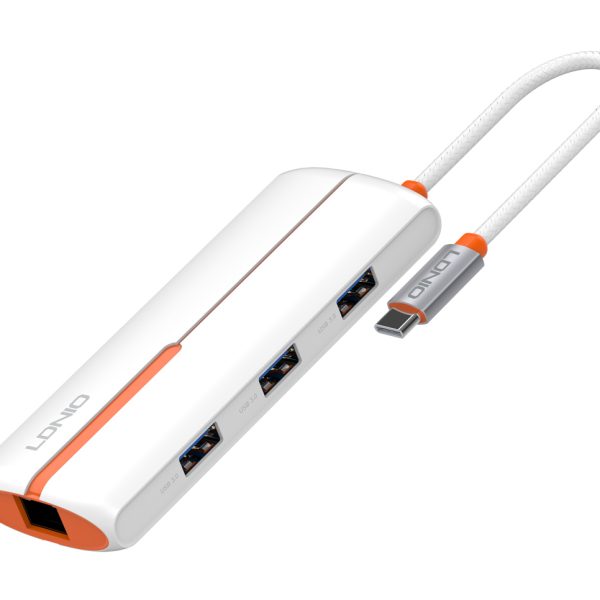 LDNIO USB hub DS-26U με θύρα δικτύου, 6 θυρών, USB-C σύνδεση, 100W PD, λευκό