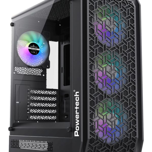 POWERTECH Gaming PC Case PT-1309, tempered glass, 4x ARGB fan, ATX, 340x200x436mm, μαύρο