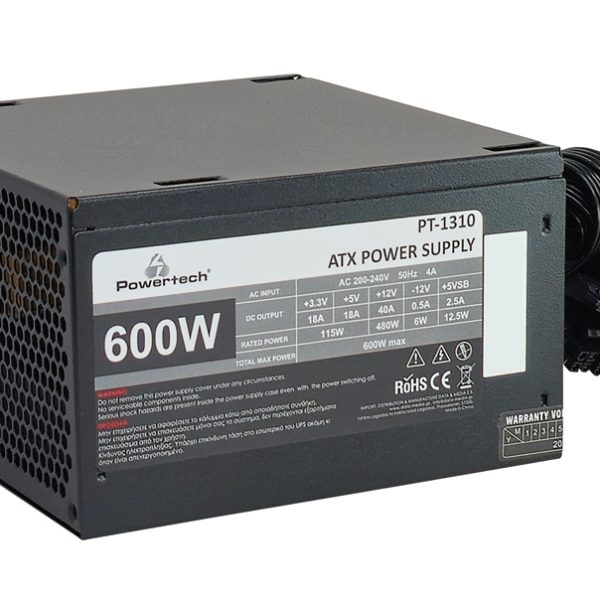 POWERTECH τροφοδοτικό PC PT-1310, 600W, ATX, 120mm Fan
