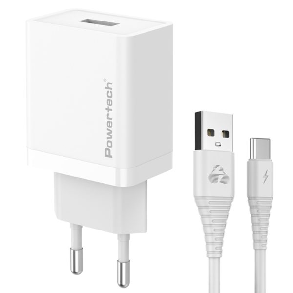 POWERTECH φορτιστής τοίχου PT-1322 με καλώδιο USB-C, USB, 12W, λευκός