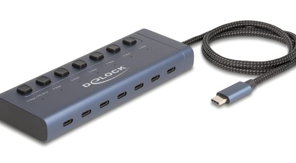 DELOCK USB-C hub 63410 με διακόπτες, 7x θυρών, 5Gbps, 20W, USB-C σύνδεση, μπλε