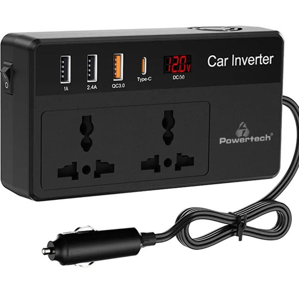 POWERTECH inverter αυτοκινήτου PTL-023, 200W, 12V DC σε 220V AC, με USB-C/3x USB