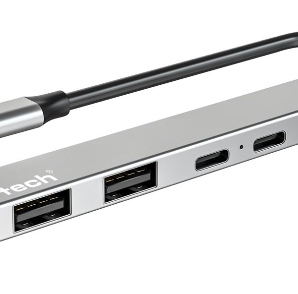 POWERTECH USB hub PT-1414, 5x θυρών, USB 3.2, 5Gbps, 100W, USB-C σύνδεση, γκρι
