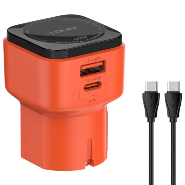 LDNIO φορτιστής τοίχου Q2420 με καλώδιο, USB/USB-C, 45W, universal πρίζα, πορτοκαλί