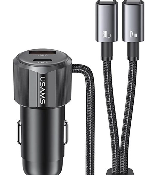 USAMS φορτιστής αυτοκινήτου CC287 με 2 σε 1 καλώδιο, USB/USB-C θύρες, 66W, μαύρος