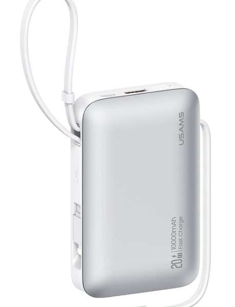 USAMS power bank CD228 με 2x καλώδια, 2x θύρες εξόδου, 10000mAh, 20W, ασημί