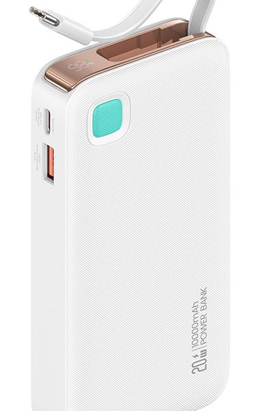 USAMS power bank CD224 με καλώδιο USB-C, 2x θύρες εξόδου, 10000mAh, 20W, λευκό