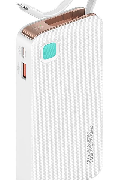 USAMS power bank CD225 με καλώδιο Lightning, 2x θύρες εξόδου, 10000mAh, 20W, λευκό