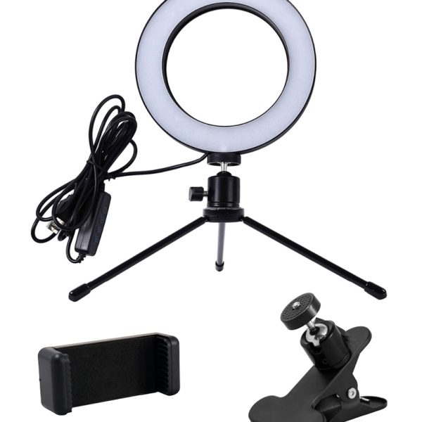 CABLETIME φωτιστικό δαχτυλίδι LED CT-LRL6-PB με μίνι τρίποδα & σφιγκτήρα, βάση smartphone, Φ16cm