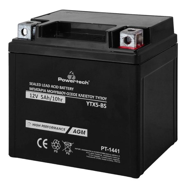POWERTECH μπαταρία μολύβδου μοτοσυκλέτας PT-1441, 12V 5Ah, AGM, YTX5-BS