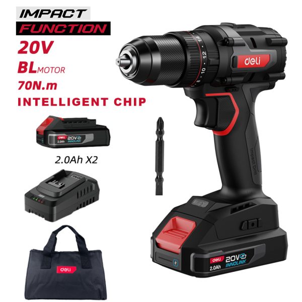 DELI κρουστικό δραπανοκατσάβιδο μπαταρίας DE-CZ20-1D2, Brushless, 20V, 2x 2Ah, 70N.m