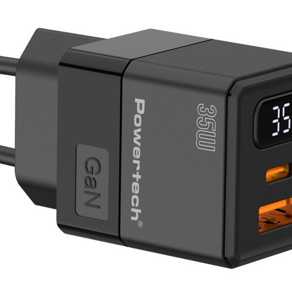 POWERTECH φορτιστής τοίχου PT-1499 με οθόνη, USB/USB-C, 35W, GaN, μαύρος