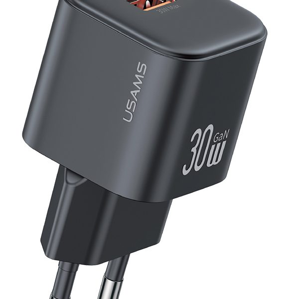 USAMS φορτιστής τοίχου CC263, USB & USB-C, 30W, GaN, μαύρος