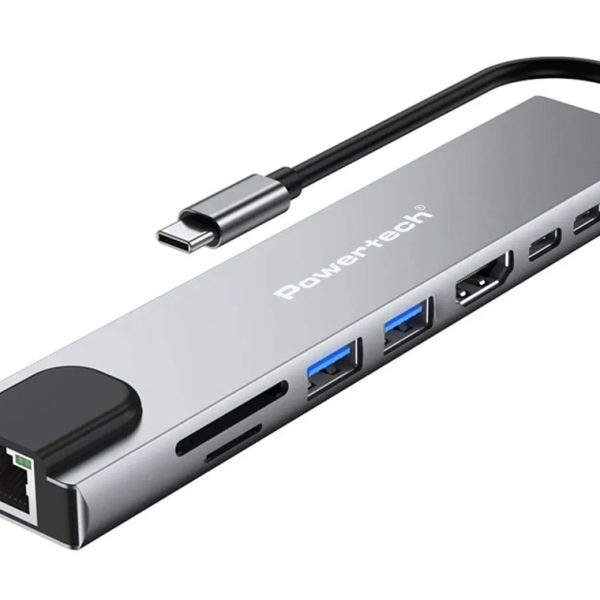 POWERTECH docking station PT-1536, 8 θυρών, USB-C σύνδεση, 87W PD, 100Mbps, γκρι