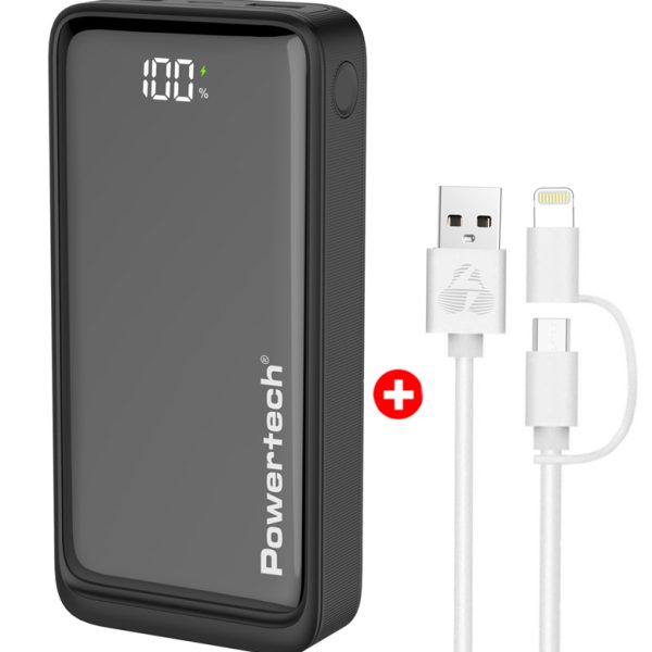 POWERTECH power bank PT-1327 με οθόνη & MFi καλώδιο USB σε Micro/Lightning, 20000mAh