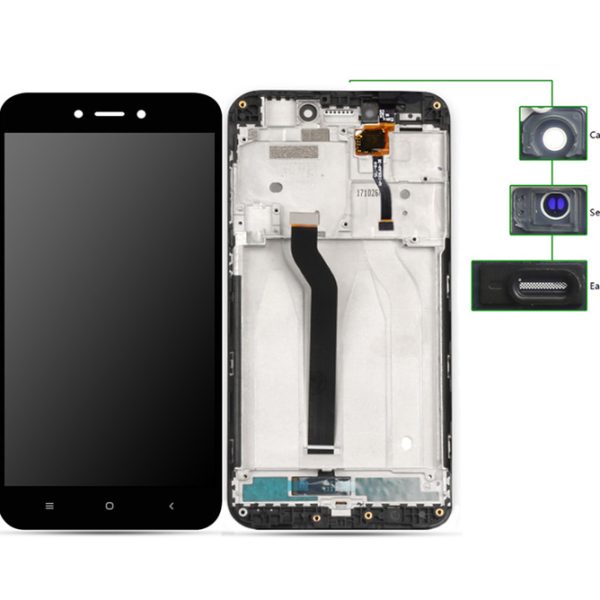 LCD για Xiaomi Redmi 5A, Camera-Sensor ring, ear mesh, με frame, Black